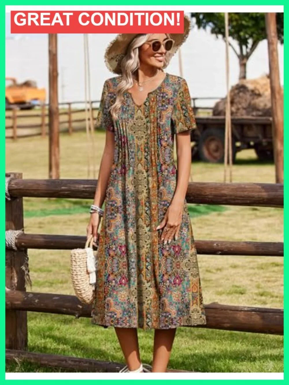 Casual Short Sleeve Pleated Midi Dress with Pockets Flowy Beach Sundress - Picture 4 of 6